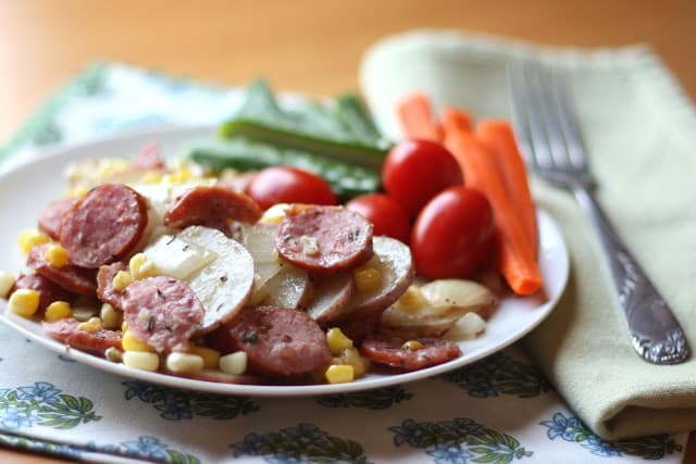 Easy One-Pan Herbed Kielbasa, Potatoes & Corn Skillet